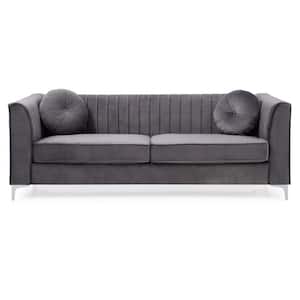 Delray 87 in. Square Arm Velvet Tight Back Straight 2-Seat Sofa in Gray