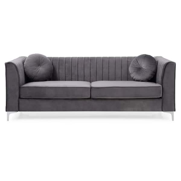 AndMakers Delray 87 in. Square Arm Velvet Tight Back Straight 2-Seat Sofa in Gray