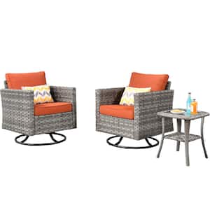 Tahoe Grey 3-Piece Wicker Outdoor Patio Conversation Swivel Rocking Chair Set with a Side Table and Orange Red Cushions
