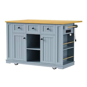 Blue Wood 53 in. Kitchen Island with Drop Leaf, 5 Open Side Racks, Power Outlet and Door Internal Storage Rack