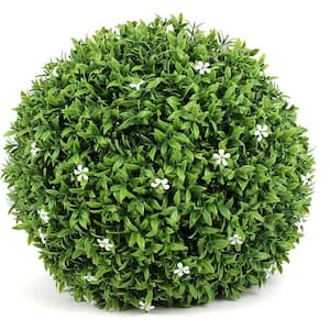 20 in. Green Artificial Boxwood Topiary Ball UV Protected Indoor/Outdoor Decoration with White Flower Pack of 1-Piece