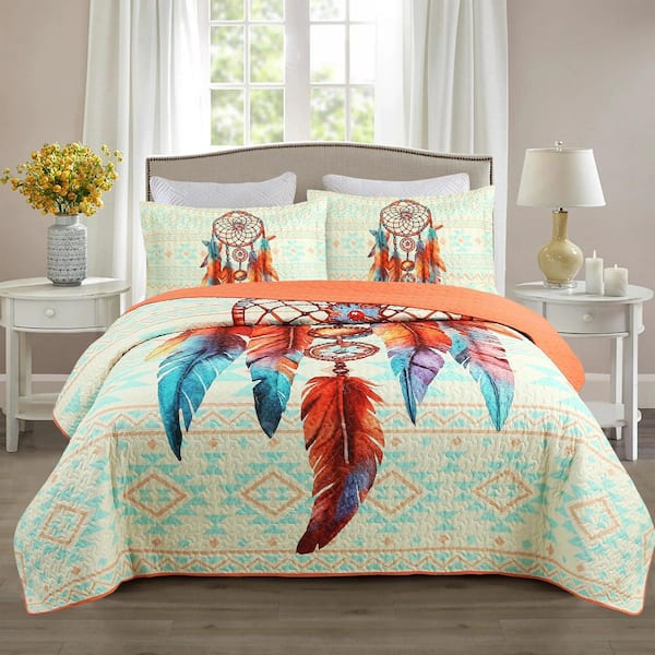 MarCielo ME502 Printed Orange Multi Dream Catcher and Feather Queen Polyester Quilt Bedspread Set ME502 Q The Home Depot