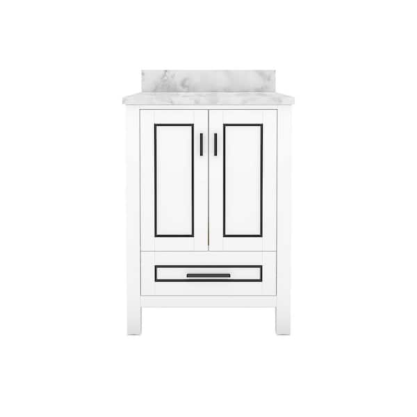 Sinber STYLE2 24 in. W x 22 in. D x 35 in. H Ceramic Sink Freestanding Bath Vanity in White with Carrara White Marble Top