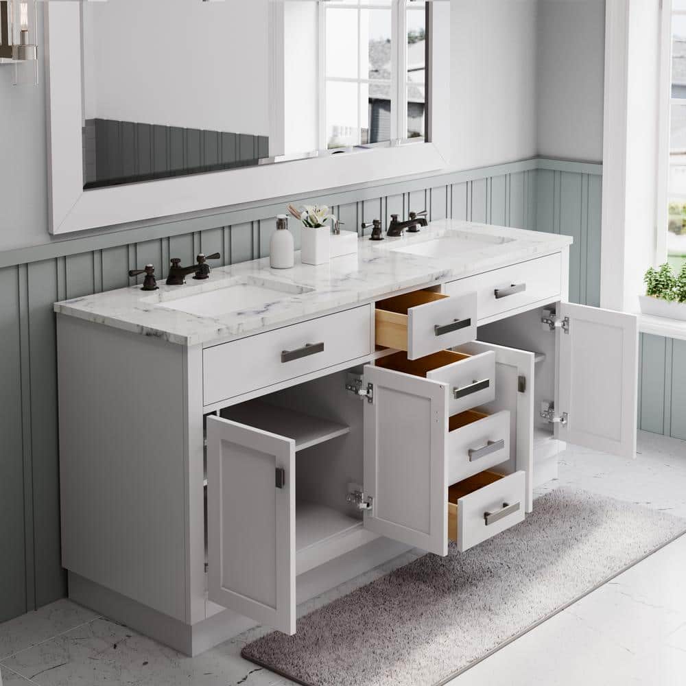 72'' White Double Bathroom Vanity with Carrara Marble Top
