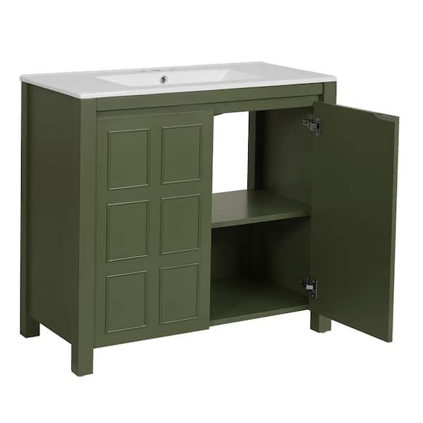 36 in. W x 18.3 in. D x 34 in. H Single Sink Freestanding Bath Vanity in Olive Green with White Ceramic Top