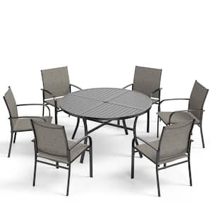 Black 7-Piece Metal Slat Round Table Outdoor Patio Dining Set with Brown Textilene Chairs