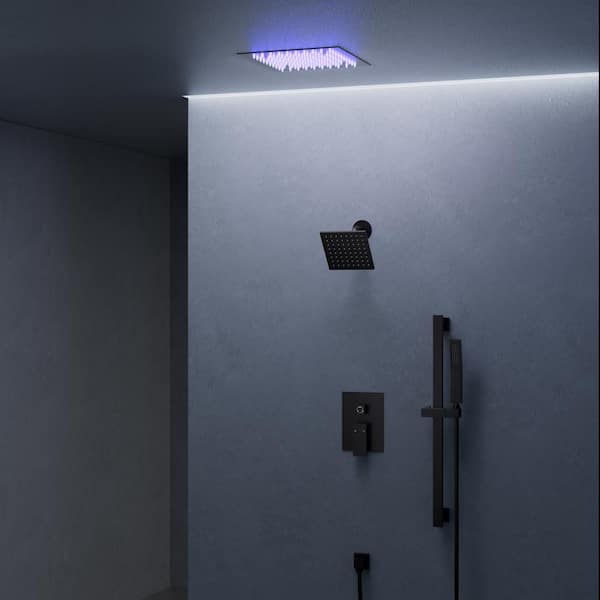 EVERSTEIN 3-Spray Square 12 in. Rain Shower System with 6 in. Shower Head Handheld Shower in Matte Black 2.5 GPM