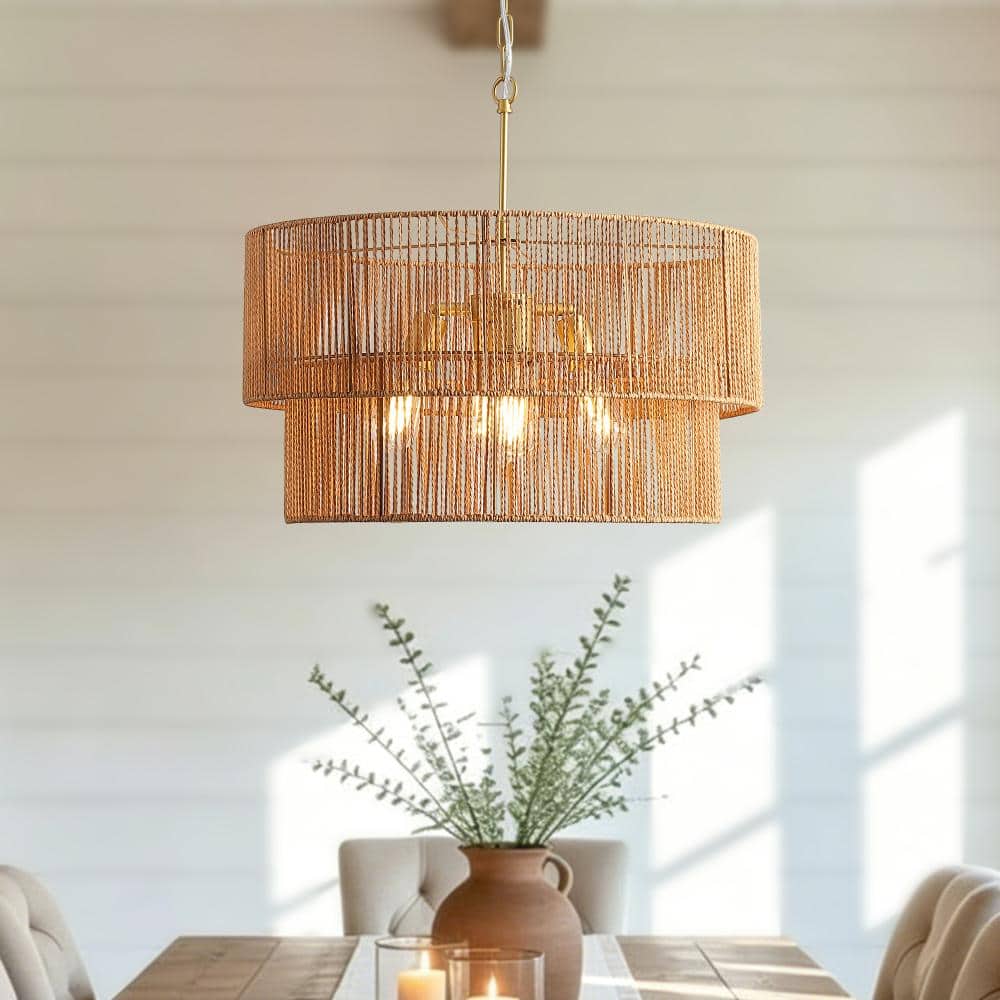 23.6 in. 2-Tier Boho Handwoven Woven Paper Rattan Chandelier with Gold Woven Shade price history on PriceWatchPro