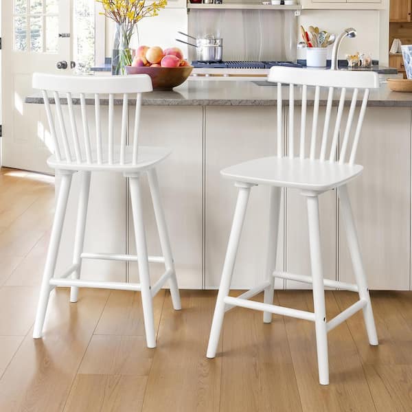 Windsor 24 in. White Solid Wooden Bar Stool for Kitchen Island Counter Height Stool with Spindle Back Set of 2
