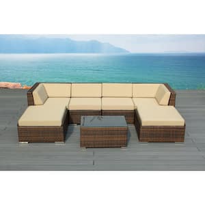 Ohana Mixed Brown 7-Piece Wicker Patio Seating Set with Supercrylic Beige Cushions