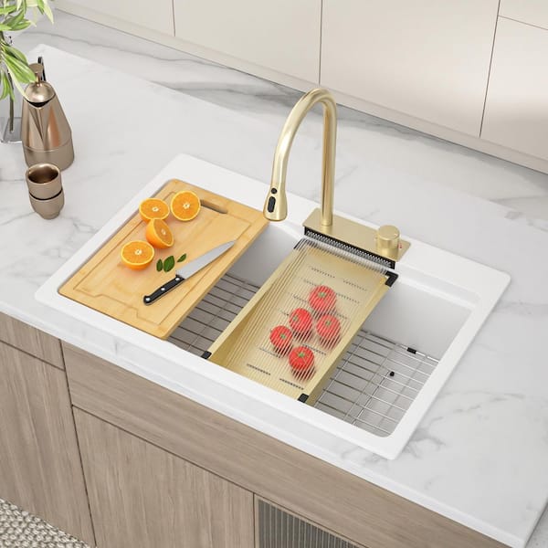 33 in. Drop-In Single Bowl White Quartz Composite Workstation Kitchen Sink with Accessories