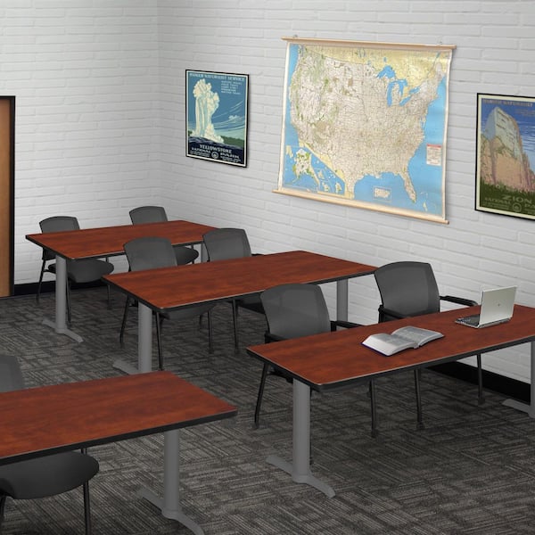 Cain 72 in x 24 in. Cherry Table Top T-Base Training Seminar Table Desk, Grey Base and 2 Knight Mesh Chairs