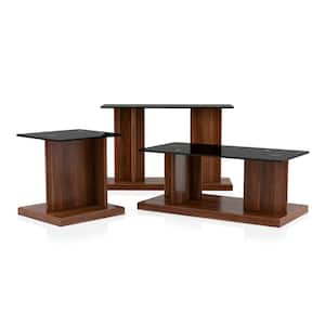Cricket 3-Piece 47.25 in. Black and Dark Walnut Rectangle Glass Coffee Table Set