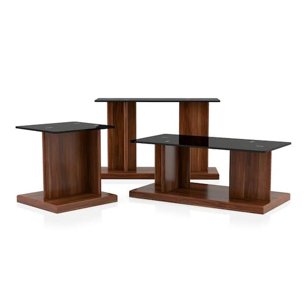 Furniture of America Cricket 3-Piece 47.25 in. Black and Dark Walnut Rectangle Glass Coffee Table Set