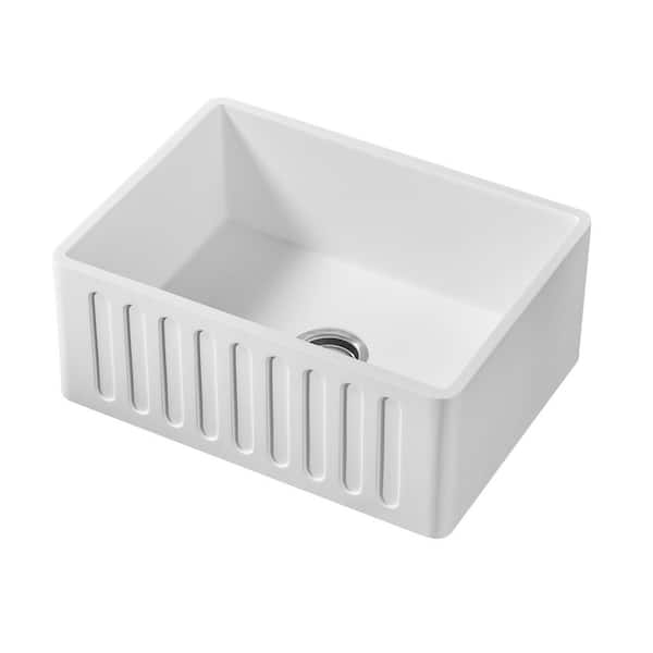 Westbrass White Solid Surface 24 in. Single Bowl Farmhouse Apron-Front Kitchen Sink with Bottom Grid