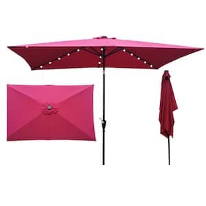 10 ft. Metal Rectangular Patio Solar LED Lighted Outdoor Market Umbrellas with Crank and Push Button Tilt in Pink
