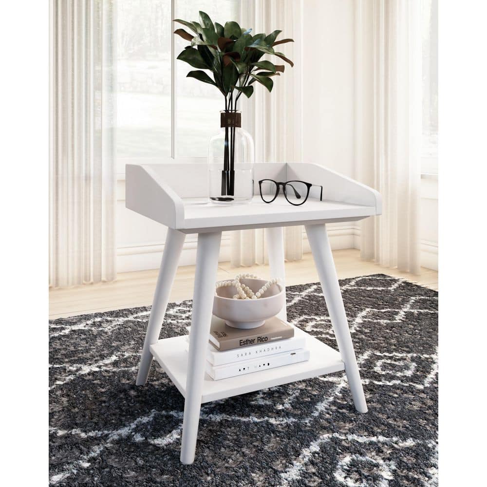 Crisp White Transitional Wood Accent Table with USB Chargers