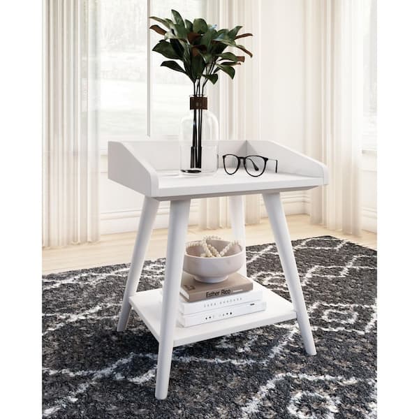 Blariden 18 in. White Rectangle Wood End Table with Shelves and Storage