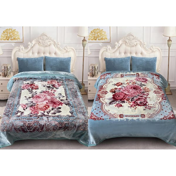 Aqua Rose 2-Ply Reversible Polyester Fleece Mink 85 in. x 95 in. 10 lbs. Winter Blanket
