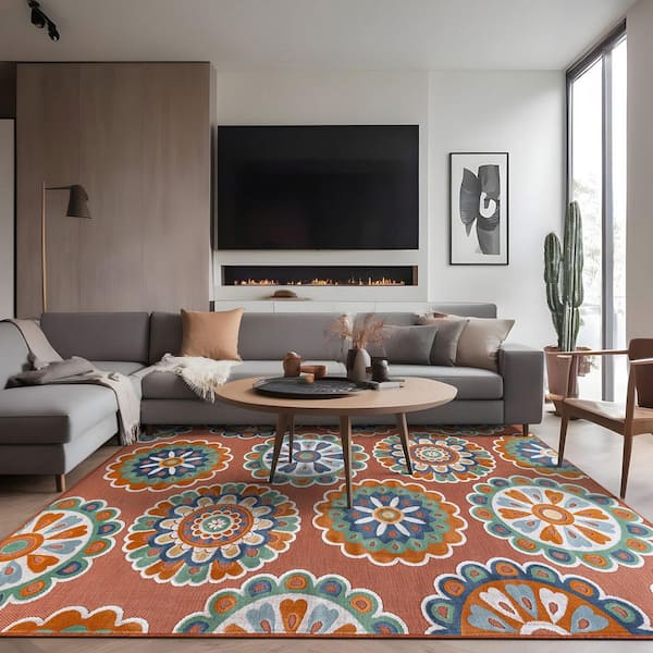 Mandala Orange 9 ft. x 12 ft. Washable Bohemian Medallion Indoor Outdoor Area Rug