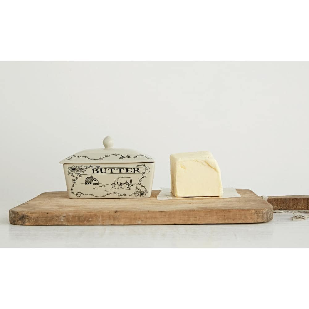 Farmhouse White and Black Stoneware Butter Dish with Lid