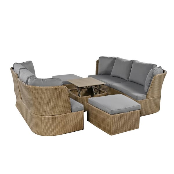 Unbranded 5-Piece Rattan Wicker Outdoor Sectional Set, Patio Furniture Set with Thick Gray Cushions, Ottoman and Coffee Table