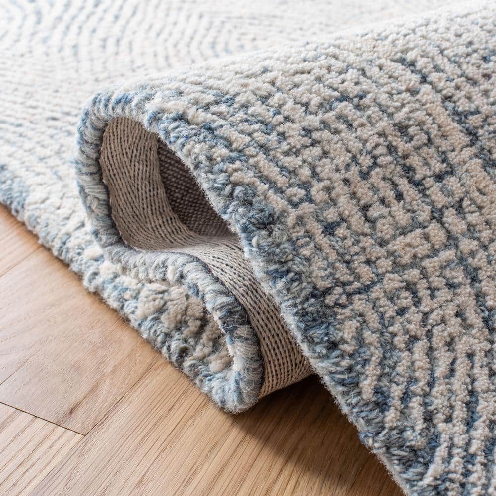 Ivory and Blue Abstract Wool 4' x 4' Square Rug