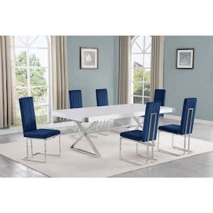 Miguel 7-Piece Rectangle White Wood Top Silver Stainless Steel Dining Set with 6 Navy Blue Velvet Chairs