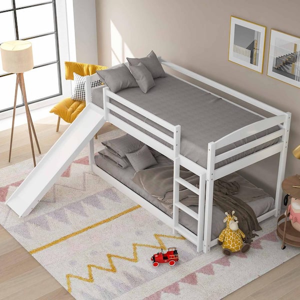 Polibi White Twin over Twin Bunk Bed with Convertible Slide and Ladder