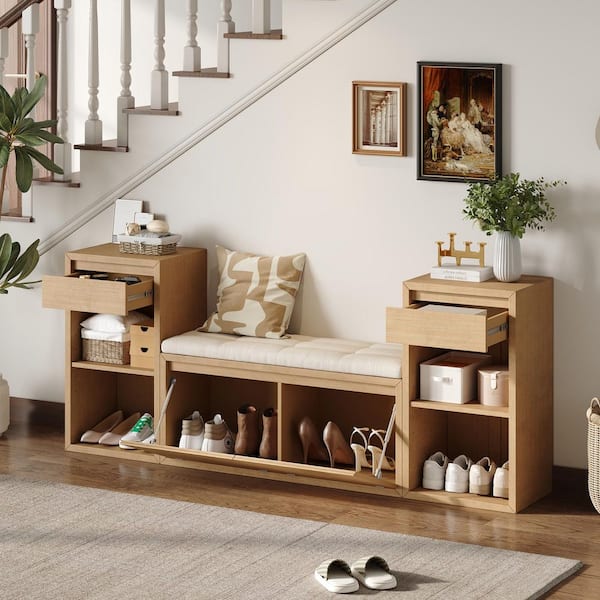 Sano Modern Brown 77.48 in. Wood Frame Bedroom Bench Entryway Storage Bench with Cushion, Drawers and Open Shelves