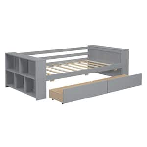 Gray Twin Size Wood Daybed with Shelves and Drawers