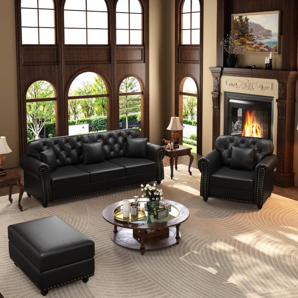 Black 3-Piece Upholstered Faux Leather Tufted Sofa with 4 pillows, Ottoman and Rolled Armrests
