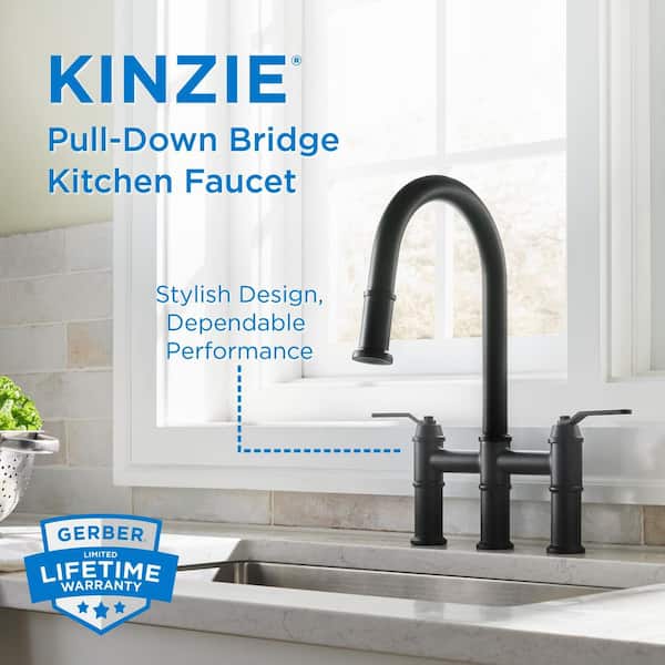 Kinzie Double Handle Pull Down Sprayer Bridge Kitchen Faucet 1.75 GPM in Satin Black