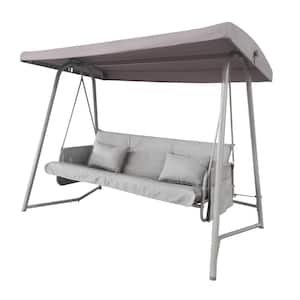 Outdoor Patio 3 Seaters Metal Swing Chair, Swing Bed with Cushion and Adjustable Canopy, Champagne
