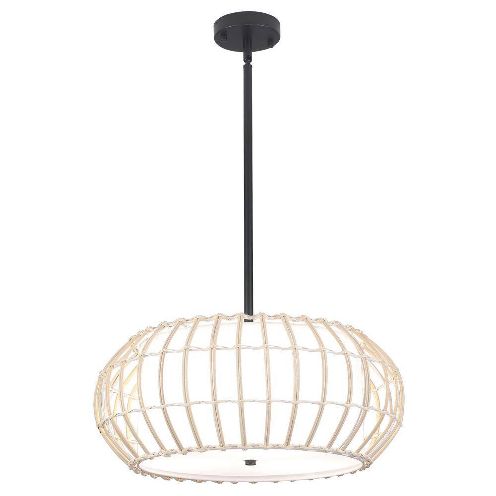 Boho 3-Light Black Farmhouse Chandelier with Rattan Cage and White Drum Fabric Shade price history on PriceWatchPro