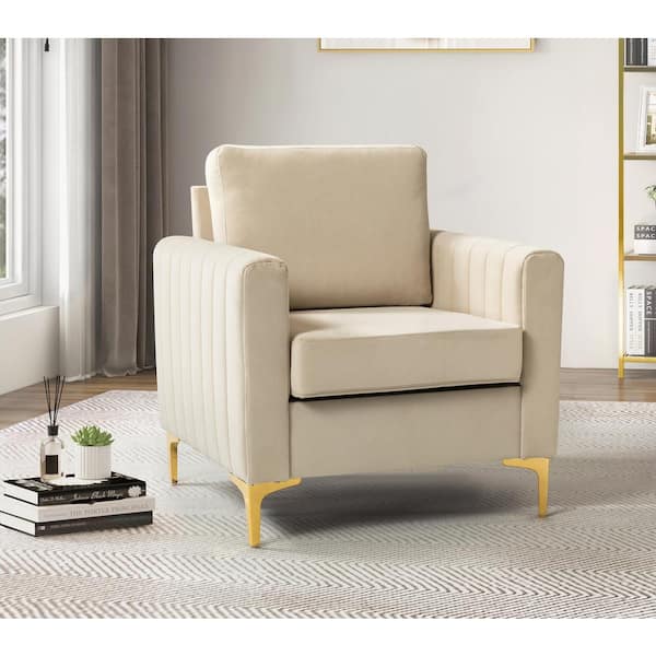 JAYDEN CREATION Ennomus Tan Velvet Cushion Back Club Chair Arm Chair with Golden Metal Legs and Track Arms