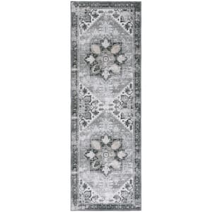Tuscon Gray/Ivory 3 ft. x 12 ft. Machine Washable Border Distressed Runner Rug