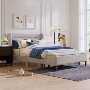 67.00 in. W Beige Upholstered Queen Bed Frame with Headboard and Storage Ottoman Bench