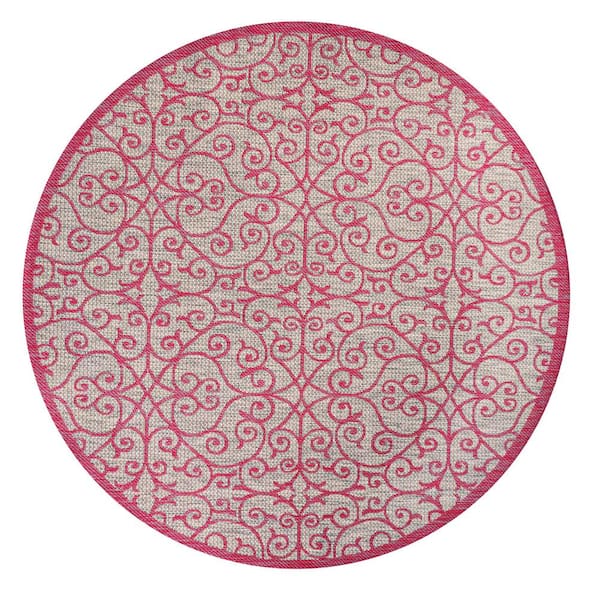 Madrid Vintage Filigree Textured Weave Light Gray/Fuchsia 5 ft. Round Indoor/Outdoor Area Rug