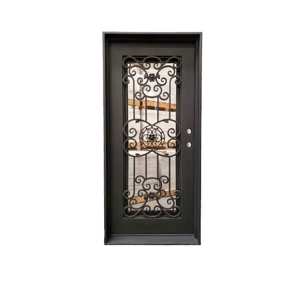 ERIS 38 in. x 81 in. 1-Panel Left-Hand/Inswing Operable Straight Frosted Glass Dark Bronze Finished Iron Prehung Front Door