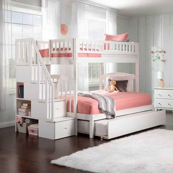 AFI Westbrook Staircase Bunk Twin over Full with Full Size Urban Trundle Bed in White