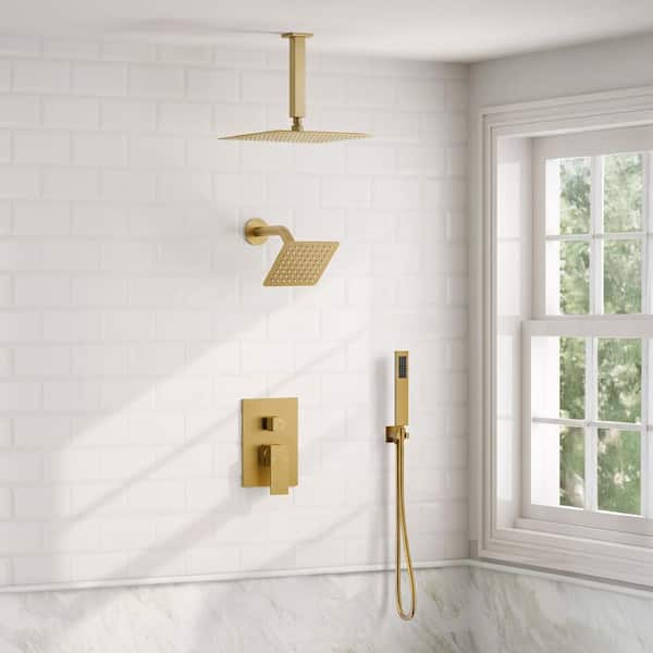 3-Spray 10 and 6 in. 3 in 1 Dual Fixed and Handheld Shower Head Ceiling Mount 2.5 GPM in Brushed Gold Valve Included