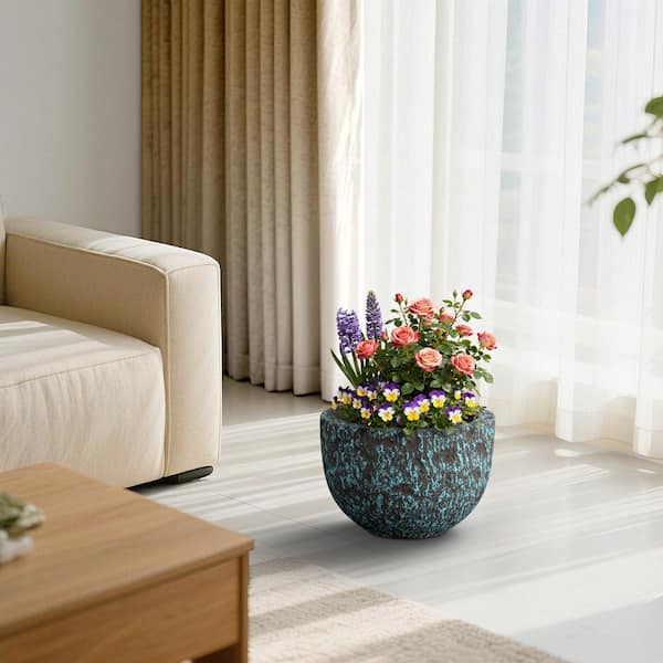 17 in. Large Turquoise(Upgraded Interior) Concrete Round Planter Pot Handcrfted Plant Bowl with Drainage Holes