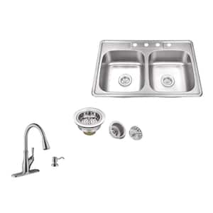 All-In-One Drop In 20-Gauge Stainless Steel 33 in. 4-Hole 50/50 Double Bowl Kitchen Sink with Gooseneck Kitchen Faucet