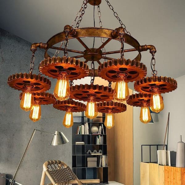 OUKANING 39.37 in. 9-Light Brown Retro Industrial Gear Wheel