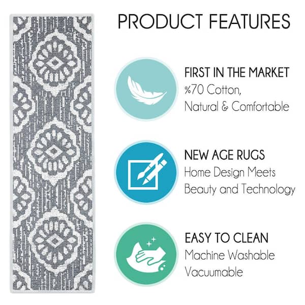 SUSSEXHOME Flower Gray 9 in. x 28 in. Cotton Carpet Stair Tread Cover (Set of 13)