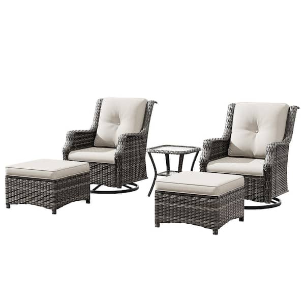 5-Piece Wicker Outdoor Patio Conversation Set with Swivel Rocking Chair, Side table, Ottomans and Beige Cushions