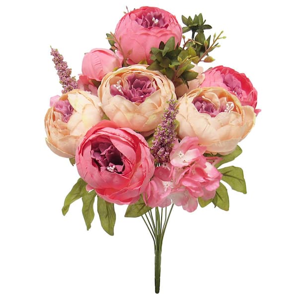 LIVING LUXURY 19 in. Coral Peach Artificial Mixed Peony Hydrangea Flower Stem Bush Bouquet