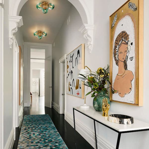 Lueck 3-Light 18 in. Modern Gold Semi Flush Mount with Blue Glass Shades