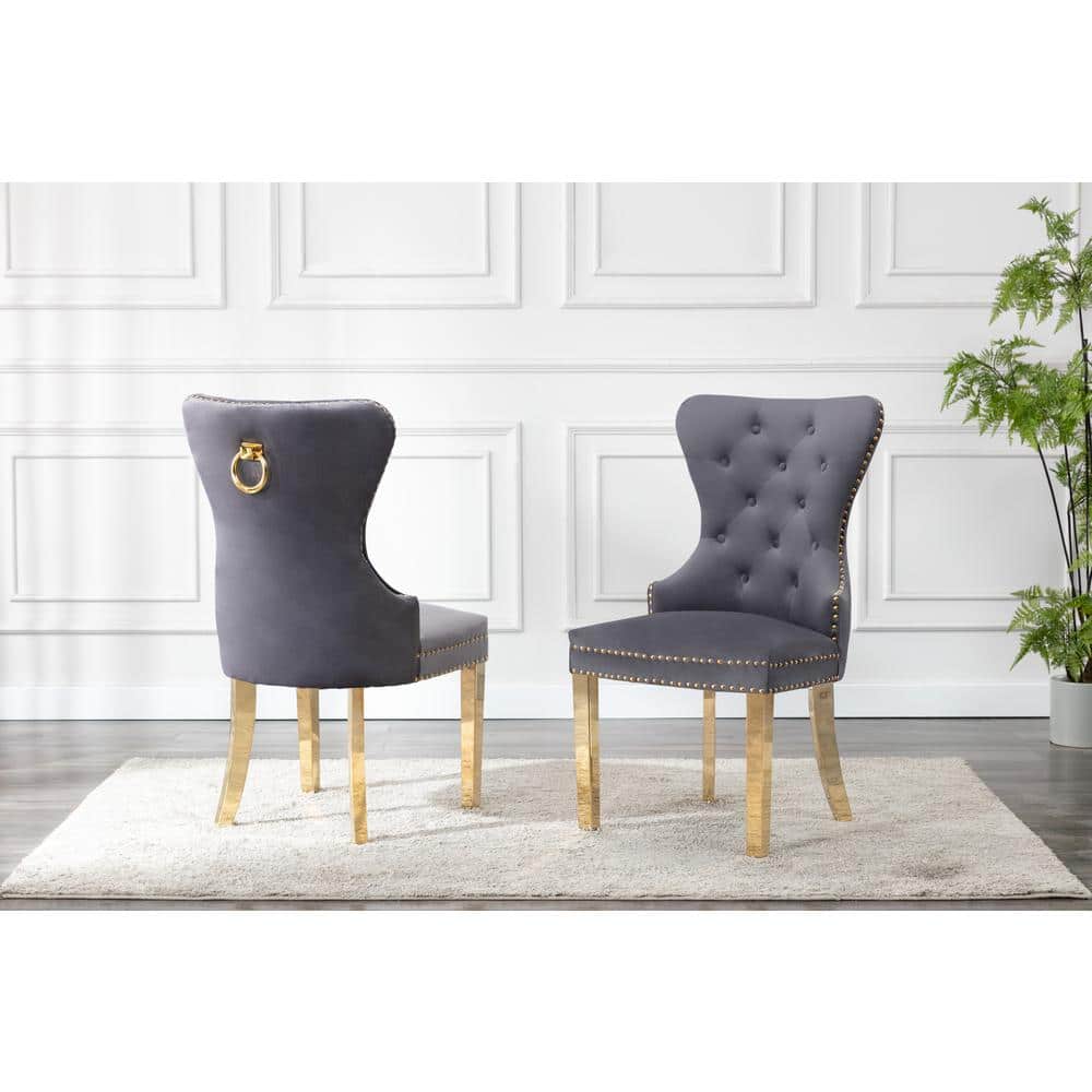 Elegant Dark Grey Velvet Tufted Side Chair with Gold Metal Legs